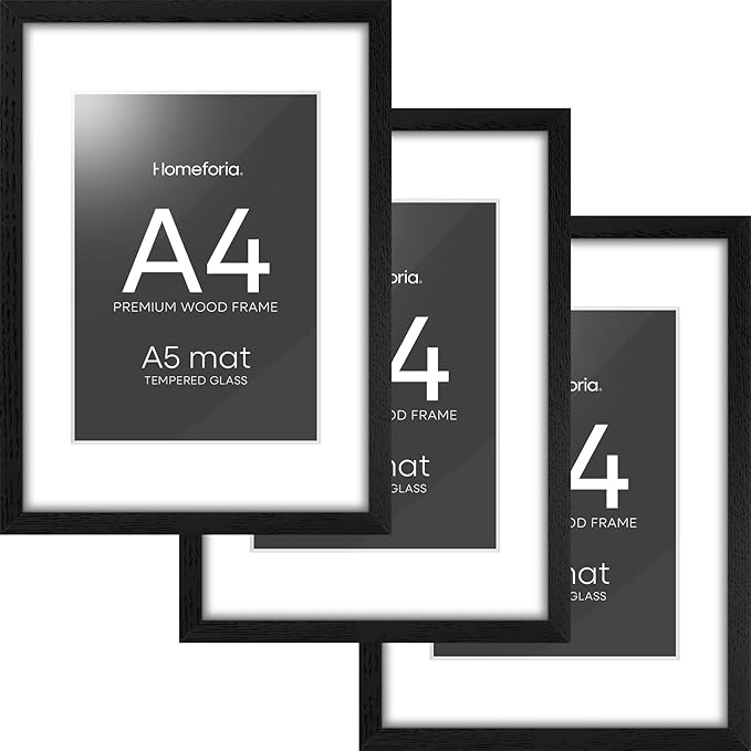 Homeforia A4 Picture Frame Black Wood, High-End Oak 8.3 x 11.7 Black Poster Frames Matted to 5.8 by 8.3 Photo, 8.3x11.7 Size Wooden Frame with Mat for 5.8x8.3 Print, Tempered Glass, Wall Kit, Set of 3