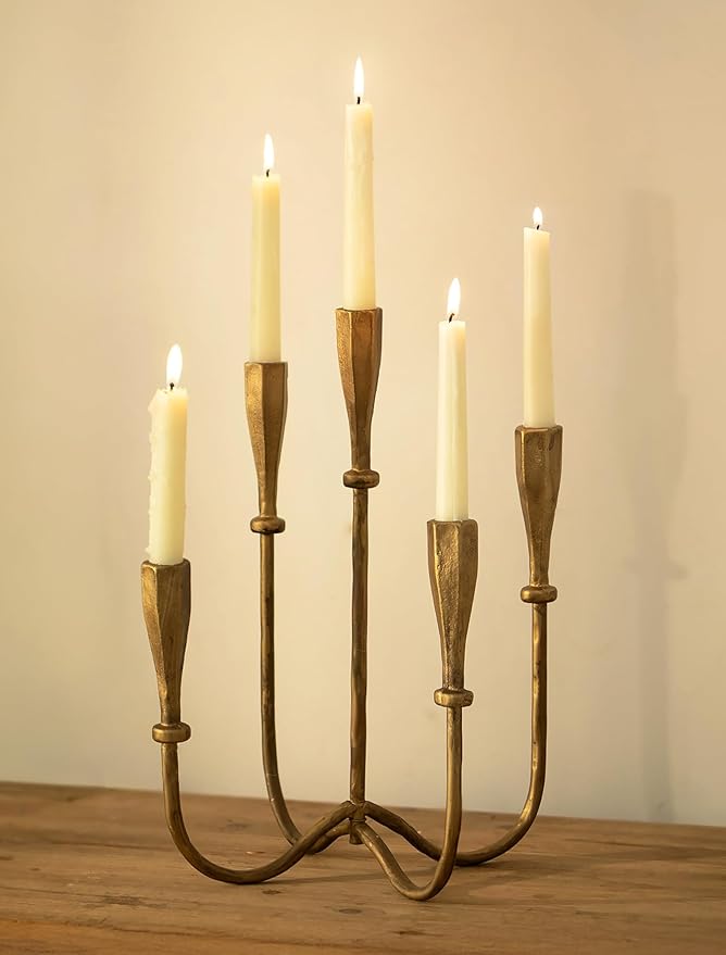 NUPTIO Iron Taper Candle Holders: Gold Tall Candelabra for Candlestick - Antique Brass Candle Stick Holder 5 Arm for Thanksgiving Christmas Fireplace Table Centerpiece
