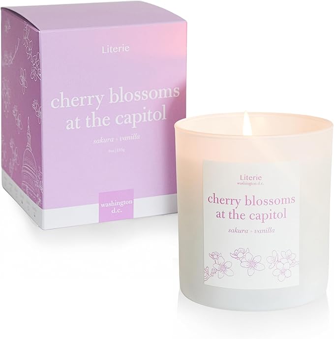 Literie DC Inspired Scented Candle: Cherry Blossoms at The Capitol - Sakura & Vanilla Scent, 9oz, 50 Hour Burn, Vegan Soy & Coconut Blend Candle for Home Decor, Gift for Women & Men