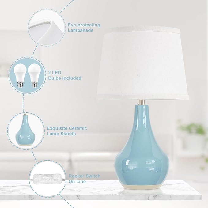 Seealle 19.4" Modern Sky Blue Table Lamp Set of 2-Bedside Lamps for Nightstand, Bedroom Lamp for Living Room Desk End Table Office Guest Room Dresser