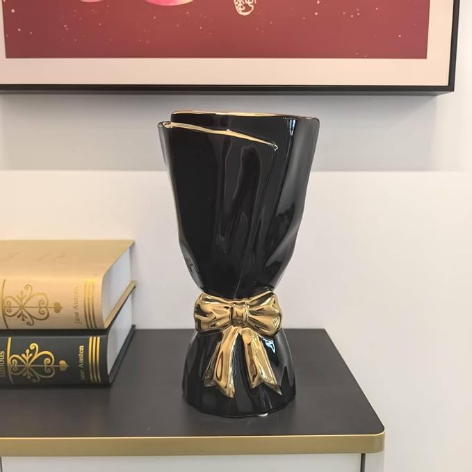 Black and Gold Bow Ceramic Vase - Flower Vases for Home Decor, Bow Decor, Boho Style, 9.65 Inch Flower Vases for Bouquet, Large Vase for Ideal Shelf Decor/Table (Black and Gold, Large)