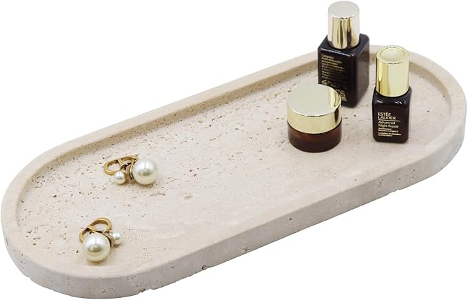 OOBOOB Oval Natural Marble Bathroom Tray for Decor Countertop, Marble Vanity Tray for Candles Perfume, Jewelry, Cosmetics, Elegant Vanity Organizer for Jewelry, Perfume