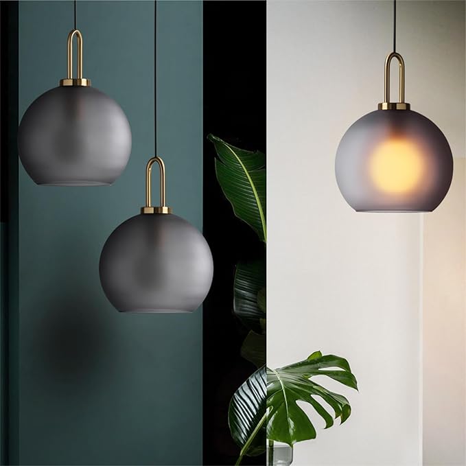 300mm Frosted Grey Spherical Glass Pendant Light, Frosted Grey Glass Globe with Brass Socket Hanging Lamp for Kitchen Island (30CM)