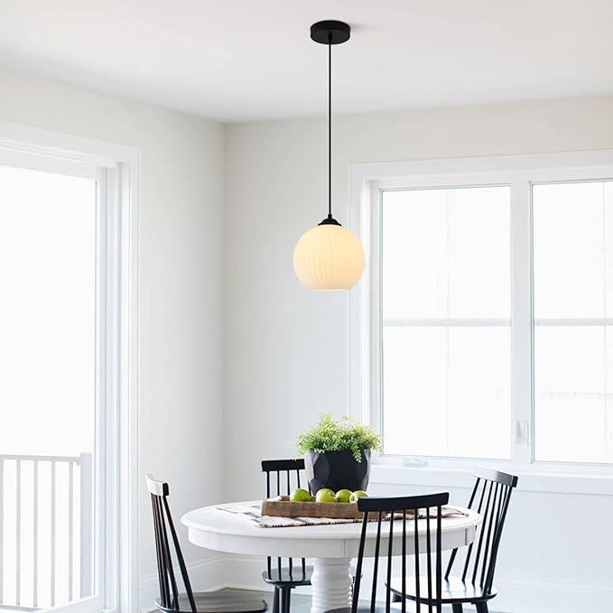 KCO Lighting Milk Glass Globe Pendant Lights Kitchen Island Industrial Vintage Ribbed Pendant Light Black Ceiling Hanging Light Fixture White Globe Pendant Light Fixture