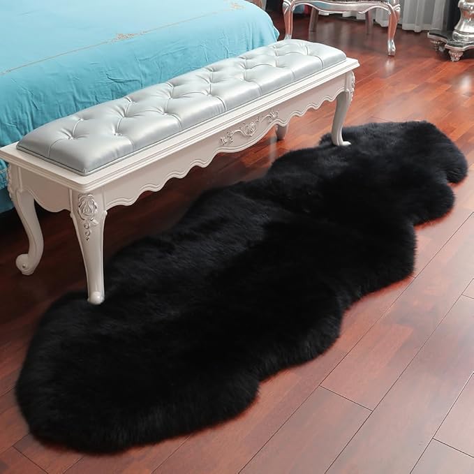 Premium Genuine Fur Sheepskin Rug Real Australia Sheepskin Natural Luxury Fluffy Lambskin Fur Area Rug Seat Covers for Kids Bedroom Sofa Chair Cover (Black, Double Pelt/2ft x 6ft)