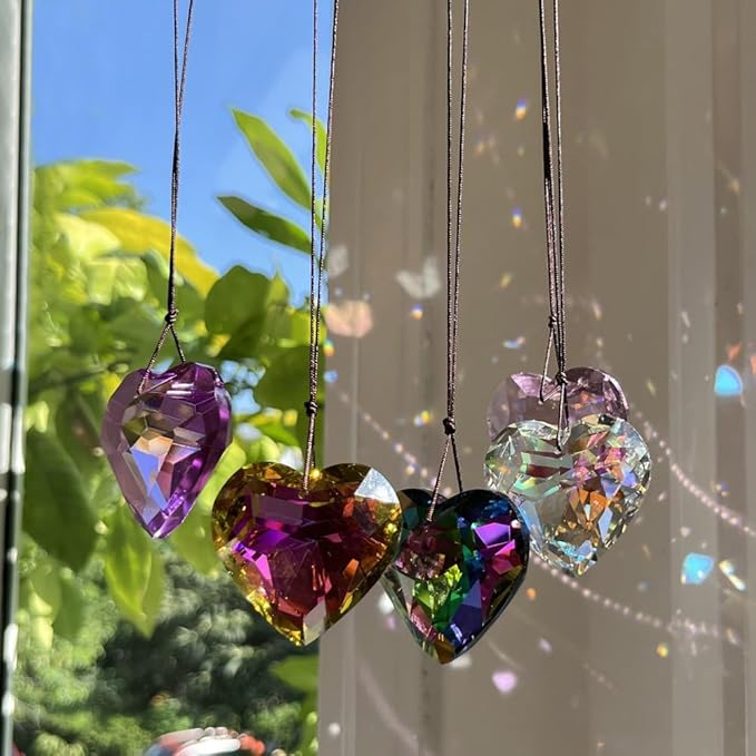 Colorful Heart Crystals Suncatcher Hanging Sun Catcher with Chain Pendant Ornament for Window Home Garden Christmas Day Party Wedding Decoration (Red)