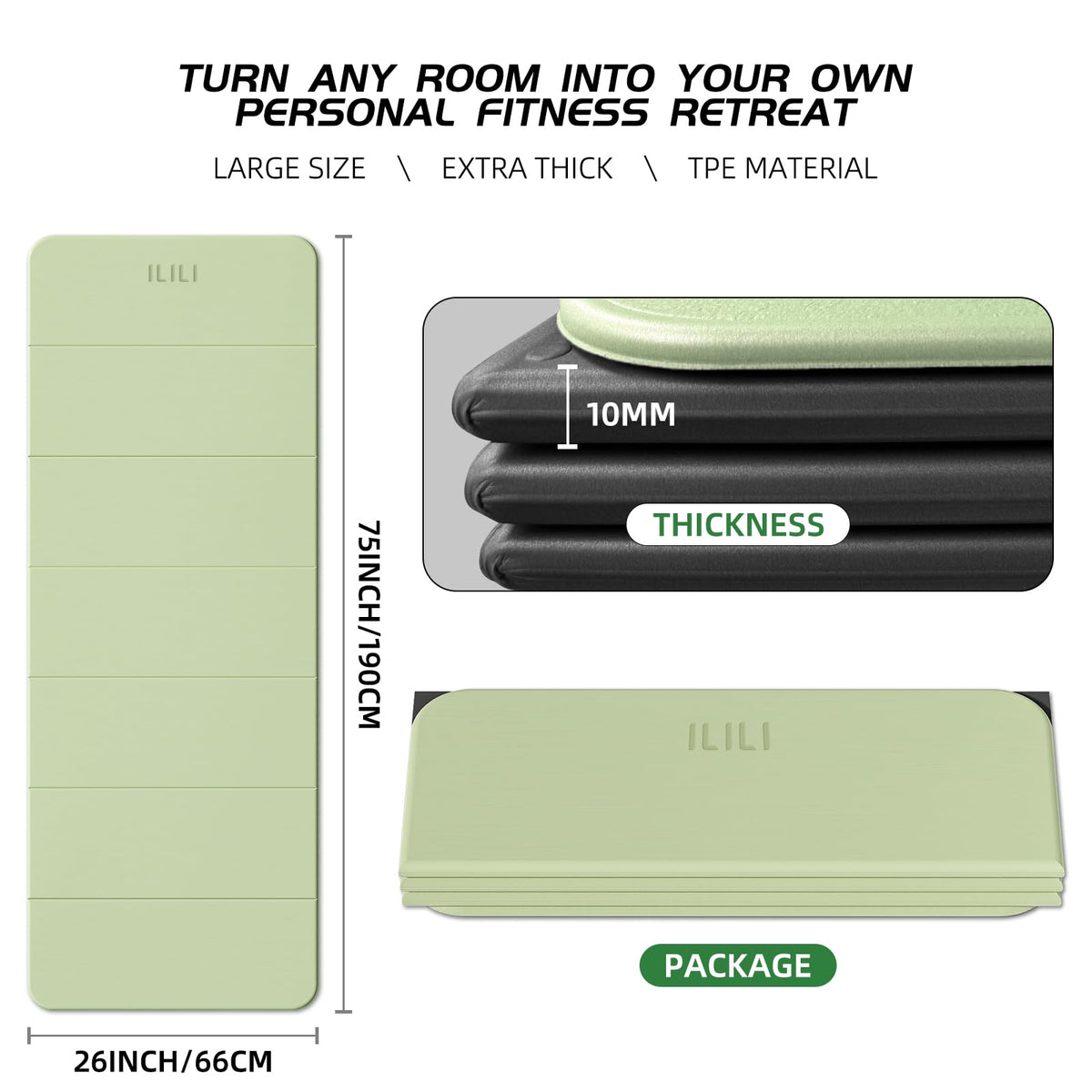 ILILI Foldable Yoga Mat, 10mm Thick, TPE Material, Extra Long 75"L x 26"W, Soft and Comfortable Folding Mat 0.4 Inches, Easy to Carry and Store, 190*66cm Portable Multi-Functional Use for Yoga, Home Exercise & Outdoor (Matcha Green+Black)