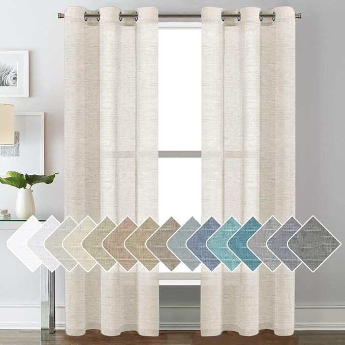 H.VERSAILTEX Linen Curtains Nickel Grommet Natural Linen Semi-Sheer Curtains 2 Panels Privacy Added Premium Soft Rich Material Drapes for Bedroom/Living Room - 37x84 Inch- Ivory