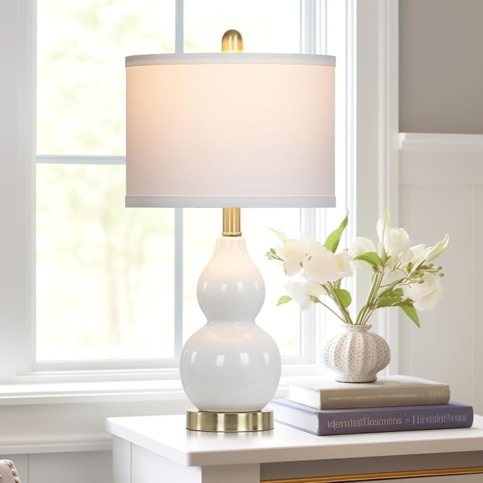 Double Gourd Ceramic Table Lamps Set of 2, Modern White Bedside Lamps for Night Stand, Contemporary Nightstand Lamps for Bedroom Living Room (Bulb Included)