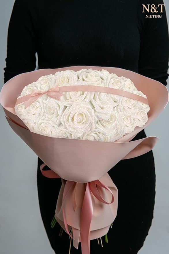 N&T NIETING Artificial Flowers Glowing White Flowers Foam 50pcs Glitter Roses Real Looking Fake Roses with Stem for DIY Wedding Bouquets Centerpieces Bridal Shower Party Home Decorations