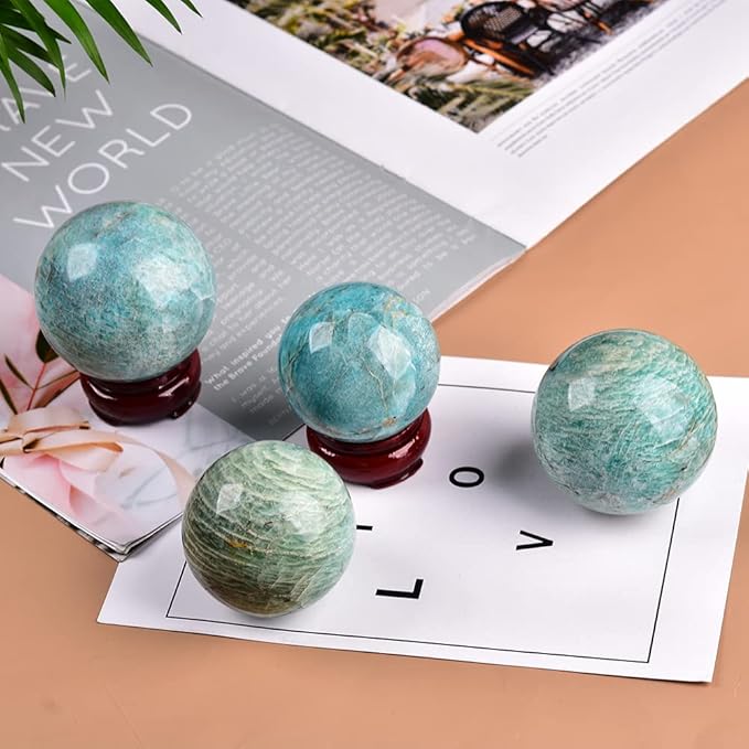 JIC Gem Natural Amazonite Crystal Sphere with Wood Stand Gemstone Sphere, Polished Healing Energy Mineral Gemstone Balls for Reiki Chakra Decoration Fengshui (2-3inch)