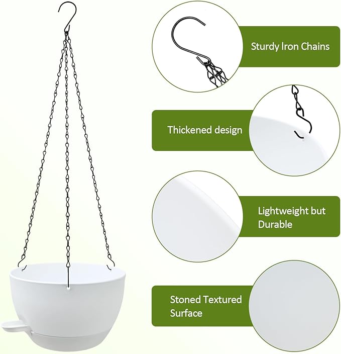 WOUSIWER Self Watering Hanging Planters, 2 Pack 10'' Plastic Pots with Drainage Holes & Reservoir Tray (White) | Indoor & Outdoor Use for Ferns, Ivy, Herbs, Succulents