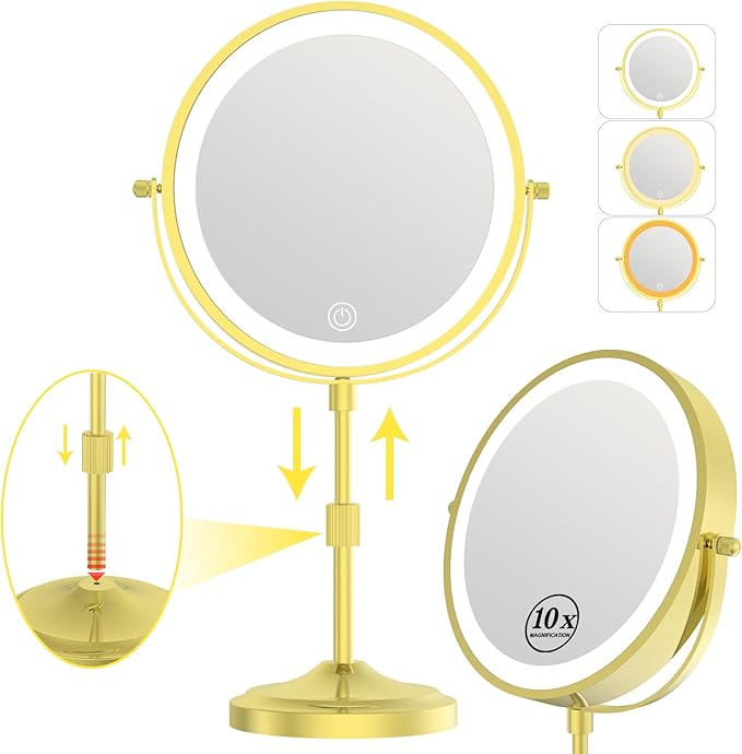 9" Lighted Makeup Mirror with 1X 10x Magnification, 5000mAh Rechargeable Magnifying Vanity mirror with lights, 3 Lighting Color, Dimmable and Height Adjustable Cordless Cosmetic Mirror (10X Gold)