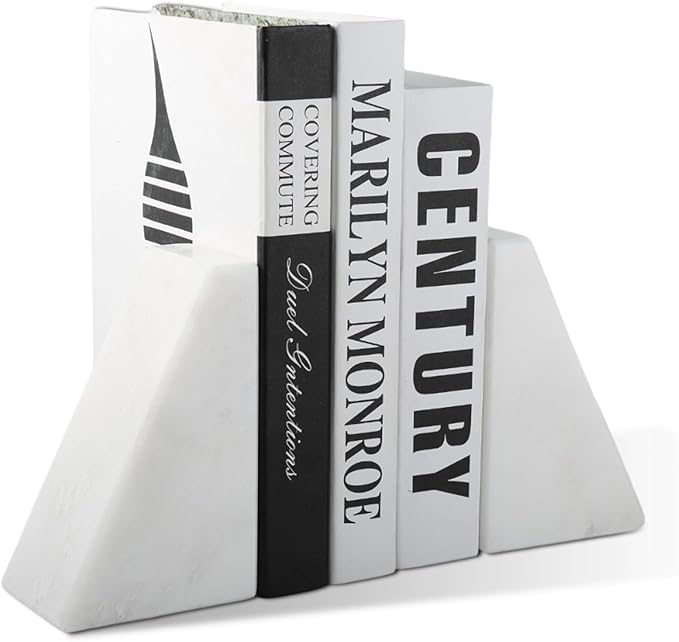 Marble Book Ends Decorative, Unique Bookends for Shelves, White Stone Bookends Holds Heavy Books, Weighted Book Holder Stopper for Home Office Desk Bookshelf Decoration, Set of 2