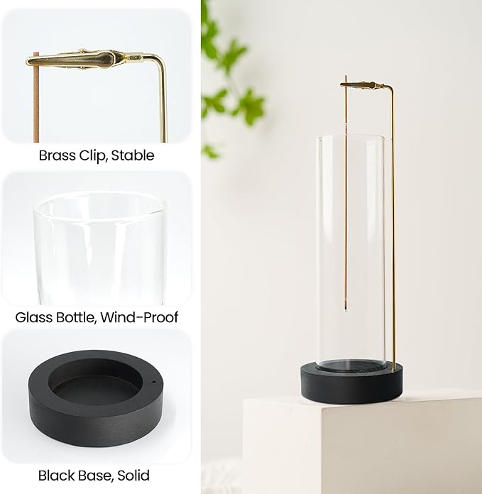Incense Holder for Sticks, Anti-Ash Flying Incense Burner with 30 Incense Sticks, Detachable Glass Ash Catcher