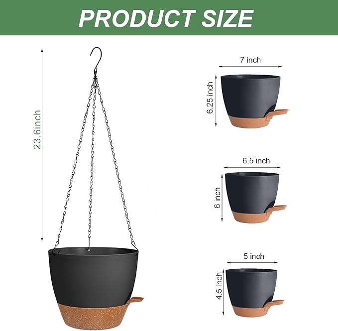 3 Pack Hanging Planter Indoor Outdoor Flower Pots 7/6.5/5 Inch, Self-Watering Hanging Pot with Drainage Holes Hanging Baskets Holder Plant Pots for Garden (Black)