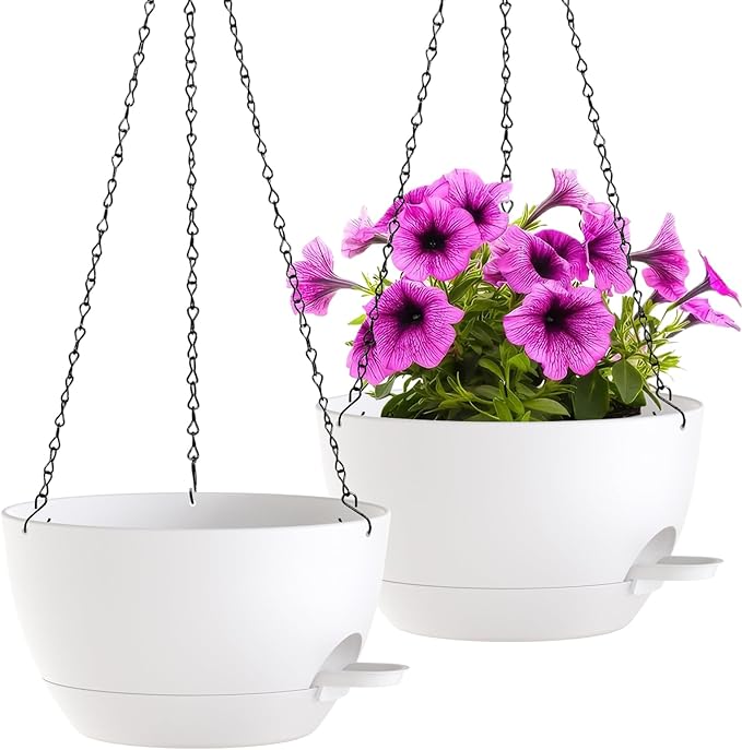 WOUSIWER Self Watering Hanging Planters, 2 Pack 12'' Plastic Pots with Drainage Holes & Reservoir Tray (White) | Indoor & Outdoor Use for Ferns, Ivy, Herbs, Succulents