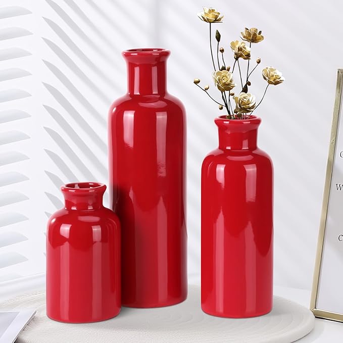 Small Ceramic Vase Set of 3, Boho Modern Flower Vase Room Decor, Farmhouse Decor, Vases for Your Kitchen, Bathroom, Bedroom, Living Room, Office&Shelf Centerpiece Table Decorations, Red