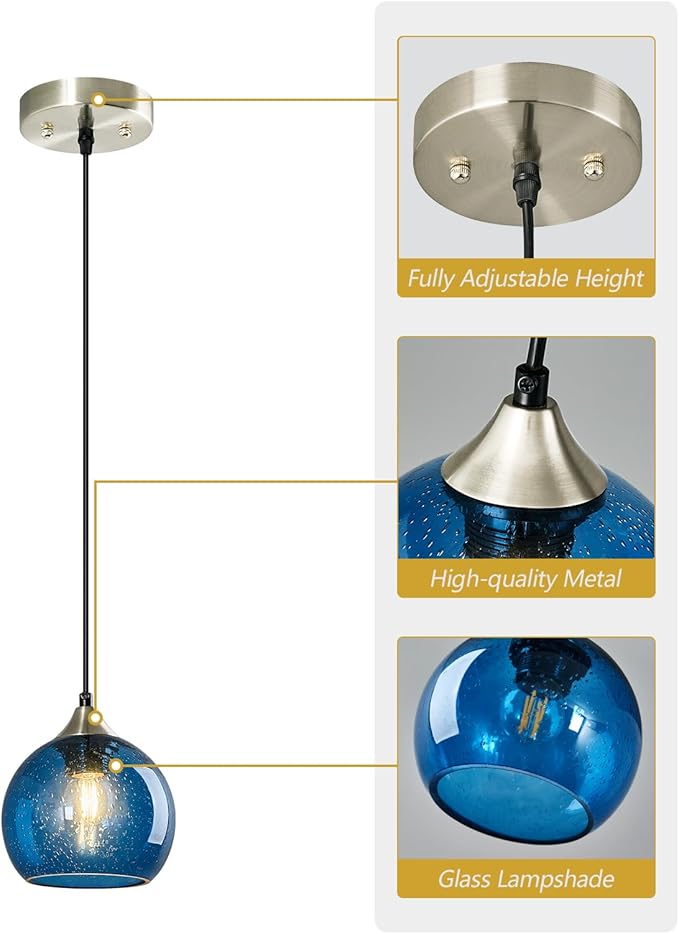 Blue Glass Pendant Lights Kitchen Island Lighting Globe Pendant Light Fixtures Modern Pendant Lighting for Kitchen Island Bedroom Living Dining Room Light Fixture(5.9in, 1-Pack)