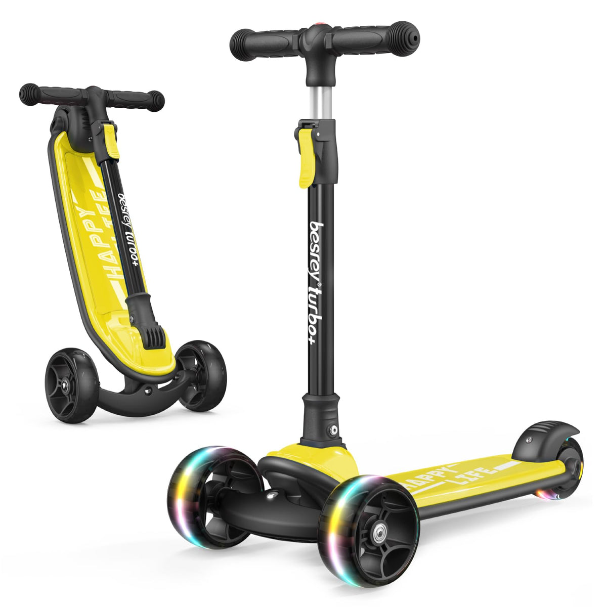besrey Kick Scooter for Kids Ages 3-10, 3-Wheel Folding Scooter with Adjustable Height, LED Light Wheels, Extra Wide Deck for Outdoor Activities