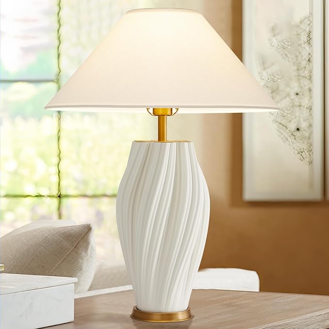 Modern Plug in Ceramic Table Lamps 24.5In, White Textured Table Lamp Tables Decorative for Living Room Bedroom Bedside Nightstand Room Office
