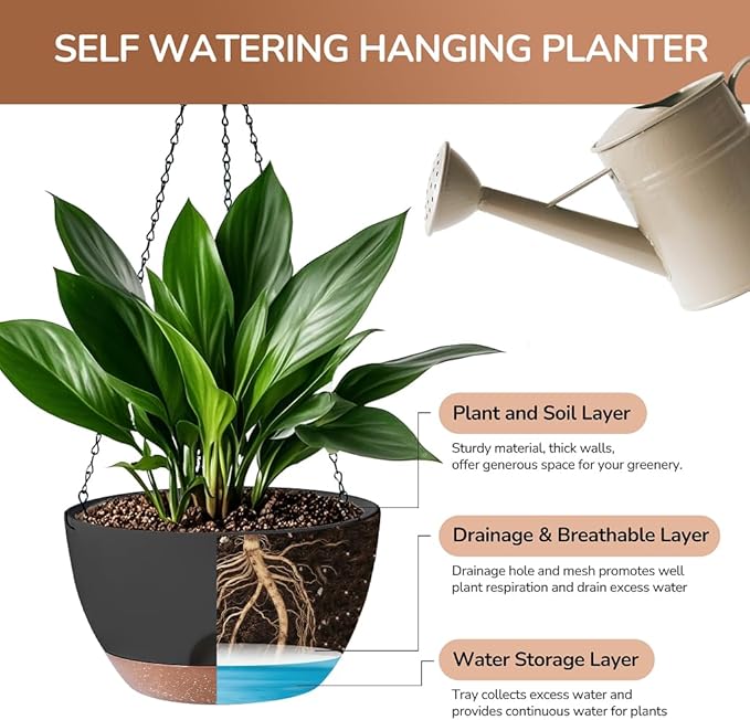 Hanging Planter for Indoor Plants, 10 Inch Self-Watering Hanging Planters with Drainage Holes and Chain, Set of 2 Outdoor Hanging Pots for Garden Home
