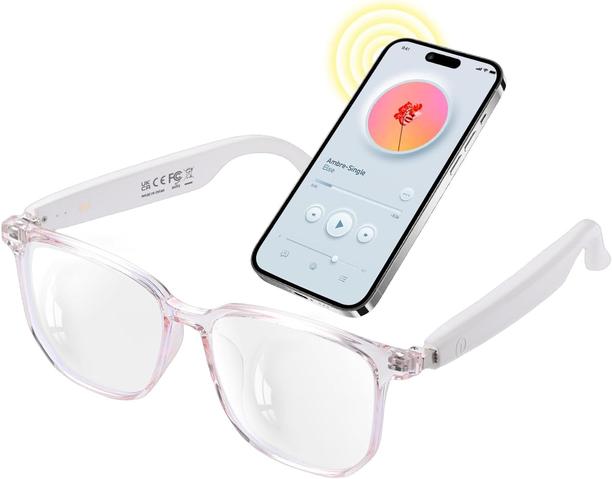 GenXenon (GS03-C) Smart Glasses for Women, Clear Frame Blue Light Glasses, Magnetic Charging, Open-Ear Design, Voice