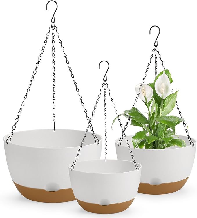 12/10/8 Inch Hanging Planter, Hanging Plastic Plant Self Watering Pot with Drainage Holes and Saucers, Hanging Baskets Flower Pots for Indoor Outdoor Garden Plants and Flowers,Set of 3-White