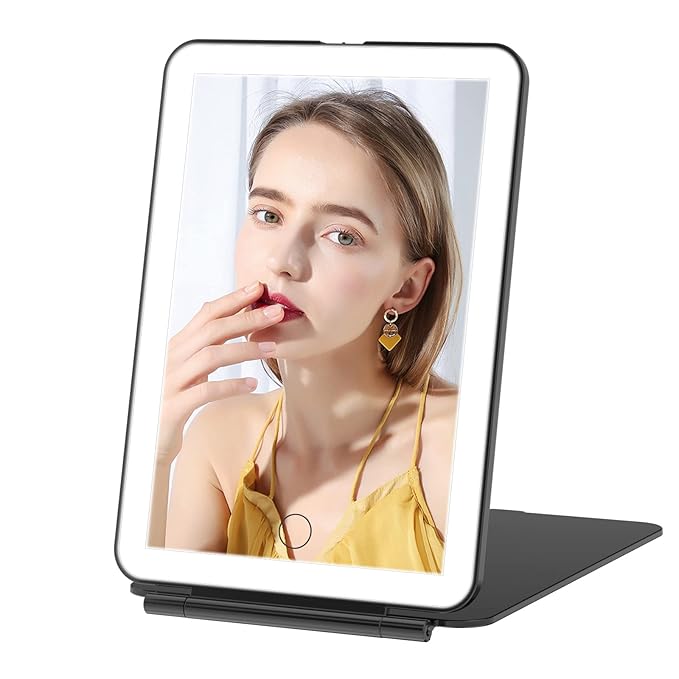 FUNTOUCH Rechargeable Travel Makeup Mirror with 72 Led Lights, Portable Lighted Beauty Mirror, 3 Color Lighting, Dimmable Touch Screen, Tabletop LED Folding Cosmetic Vanity Mirror