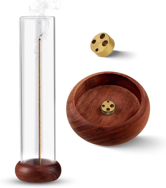 Incense Holder,Walnut Wooden Incense Stick Holder with Detachable Glass Ash Catcher,Incense Bunner for Stick for Meditation Yoga Spa Gift