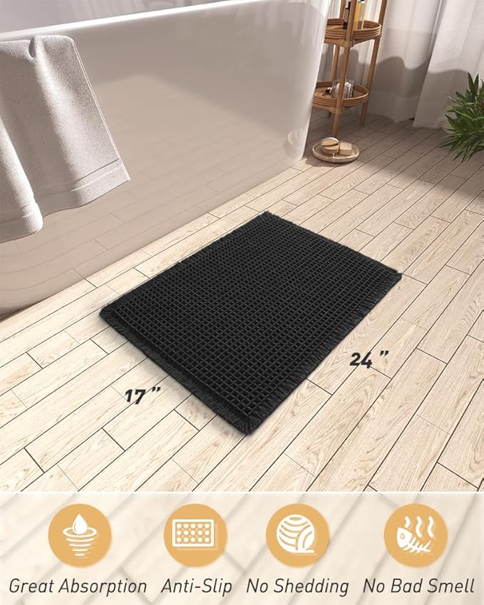AMOAMI Upgraded Waffle Bath Mat, Super Absorbent Non Slip Bath Mats for Bathroom Floor, Machine Washable Bathroom Rugs with Tassels, Rubber Backed Bathroom Mats, Ultra Soft, 17" x 24", Black