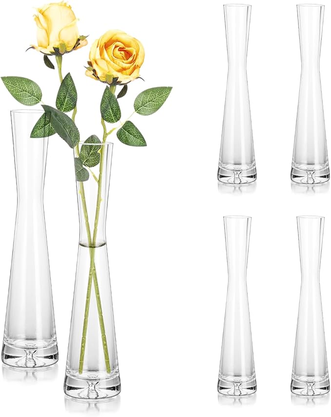 Hewory Glass Bud Vases for Centerpieces Set of 6, Handmade Modern Clear Small Skinny Decorative Single Flower Vase, Minimalist Slim Floral Vase for Home Wedding Party Events Table Decor, 9.64"