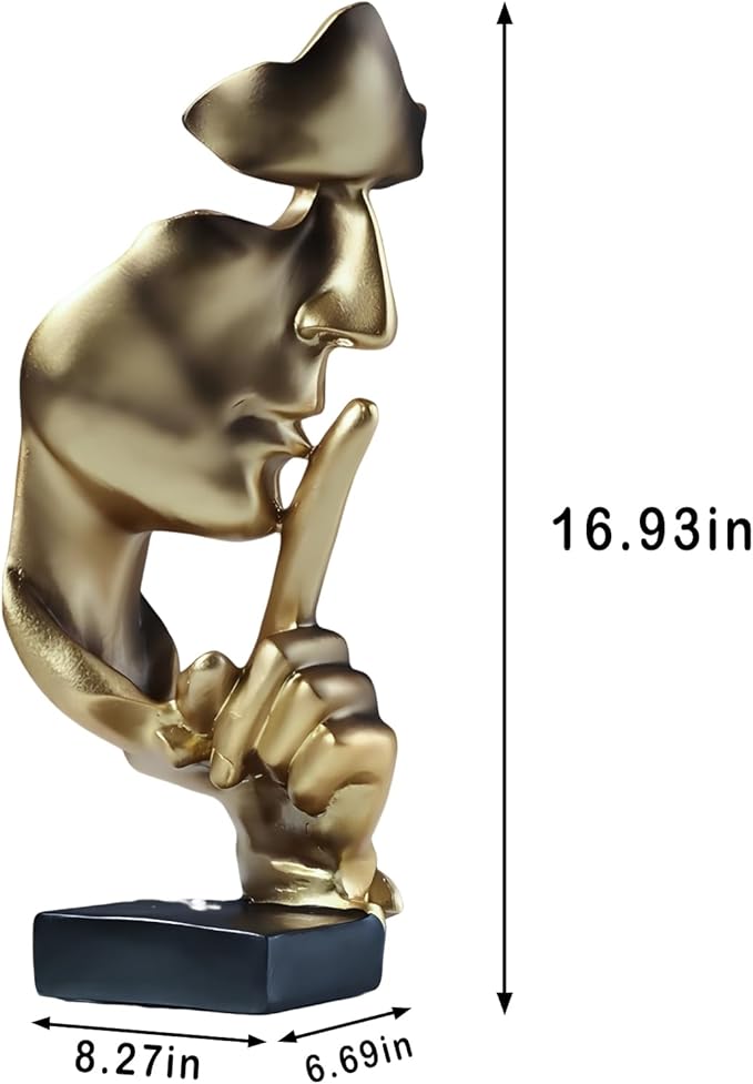 aboxoo Thinker Statue, Silence is Gold Abstract Art Figurine, Modern Home Resin Sculptures Decorative Objects Shelf Decor,Tabletop for Home Decor,Man Office Study Desk Statue (Large Gold)