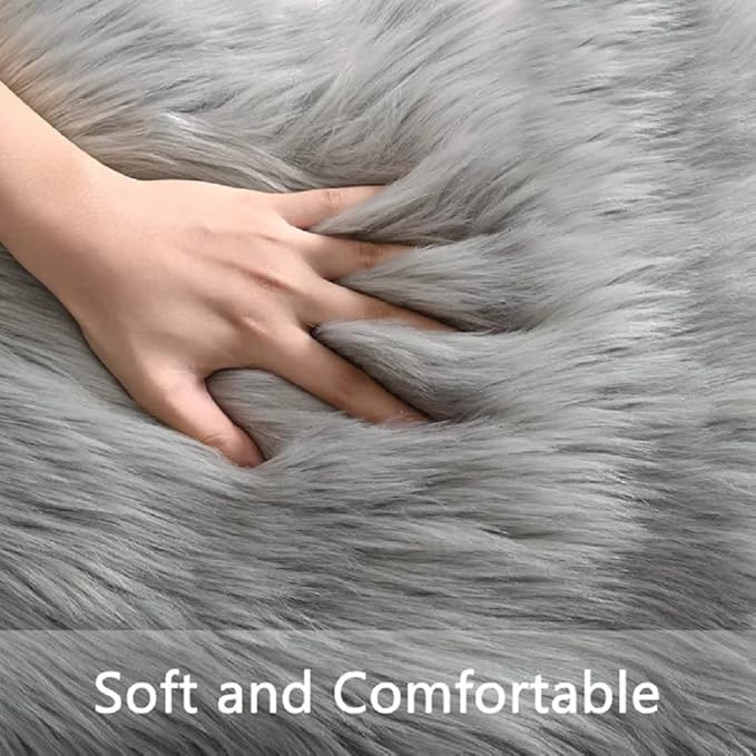 Round Rugs 6ft Silver Grey Fuzzy Faux Sheepskin Washable Furry Fur Area Rugs for Bedroom Large Boho Circle Nursery Rug
