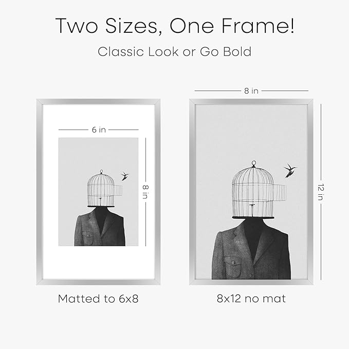 Homeforia Silver 8x12 Picture Frame, High End Metal 8 x 12 Poster Frames with Mat 6 by 8 for Photo, 12x8 Frame Matted to 6x8 inch Art, 8by12 Wall or Tabletop Frames, Tempered Glass, Wall Kit, Set of 2
