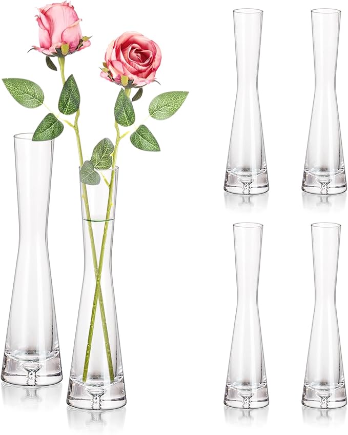 Hewory Glass Bud Vases for Centerpieces Set of 6, Handmade Modern Clear Small Skinny Decorative Single Flower Vase, Minimalist Slim Floral Vase for Home Wedding Party Events Table Decor, 7.87"