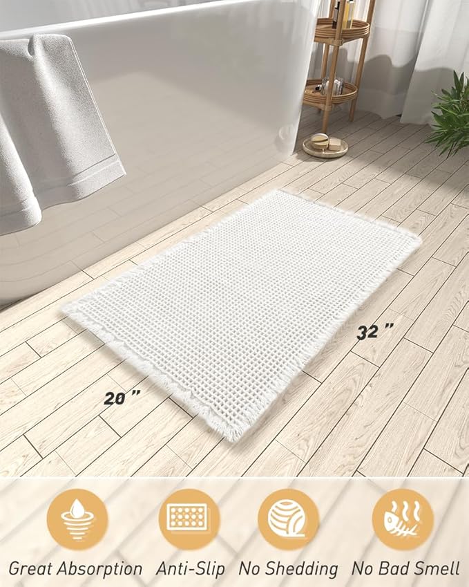 AMOAMI Upgraded Waffle Bath Mat, Super Absorbent Non Slip Bath Mats for Bathroom Floor, Machine Washable Bathroom Boho Rugs with Tassels, Rubber Backed Bathroom Mats, Ultra Soft, 20" x 32"