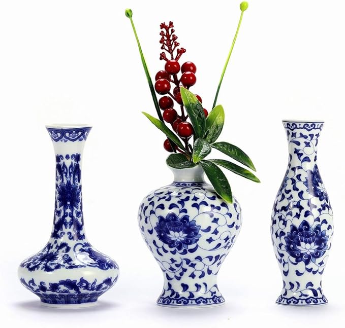Blue and White Vase Set of 3, Cute Ceramic Bud vase in Bulk for Farmhouse Table Centerpiece Mini Vintage Vase for Rustic Wedding Decorations, Home Table Flower Decor