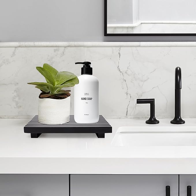 Renawe Black Bathroom Counter Organizer Wooden Display Pedesta Stand Kitchen Countertop Trays Farmhouse Wood Riser Dish Soap Dispenser Holder for Bathroom Decor Kitchen Sink Accessories Vanity Tray