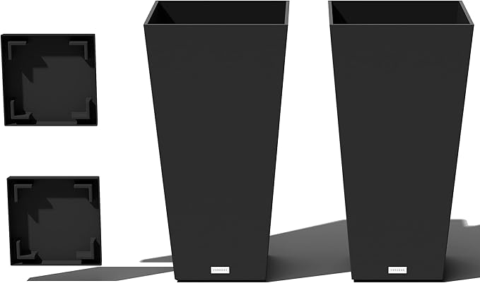Veradek V-Resin Indoor/Outdoor Taper Planter (Black, 30 inch - 2 Pack with 2 Saucer Trays)