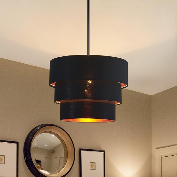 EDISLIVE 3-tier Drum Linen Lamp Shade for Pendant Lamp Floor Lamp Chandelier Replacement Shade Clip on Bulb Classic Round Lampshade Cover Only (Black)