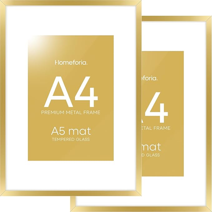 Homeforia A4 Gold Picture Frame, High End Metal 8.3 x 11.7 Frames for Wall or Tabletop, Gold A4 Certificate Frame with Mat A5, 8.3x11.7 Frames Matted to 5.8x8.3 Art, Tempered Glass, Wall Kit, Set of 2