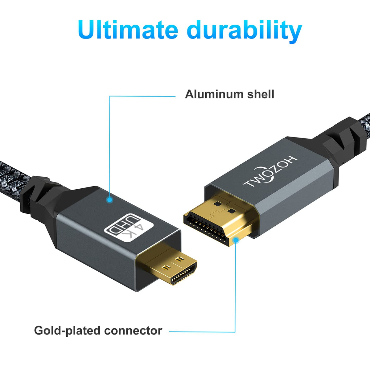 Twozoh 4K 25FT, 3D 4K/60Hz 1080p Long Micro HDMI to HDMI Cable High-Speed Full HDMI to Micro HDMI Braided Cord Support