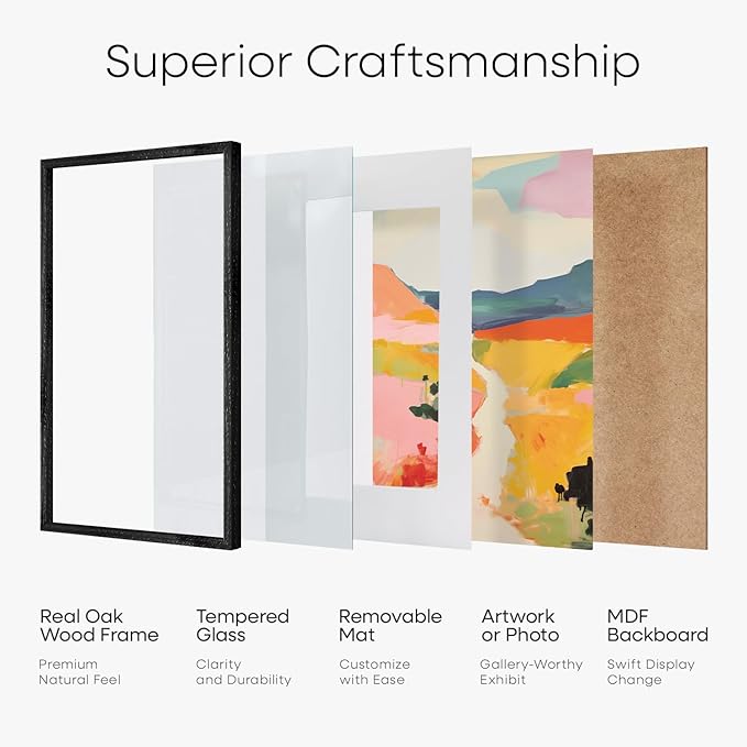 Homeforia A4 Picture Frame Black Wood, High-End Oak 8.3 x 11.7 Black Poster Frames Matted to 5.8 by 8.3 Photo, 8.3x11.7 Size Wooden Frame with Mat for 5.8x8.3 Print, Tempered Glass, Wall Kit, Set of 3