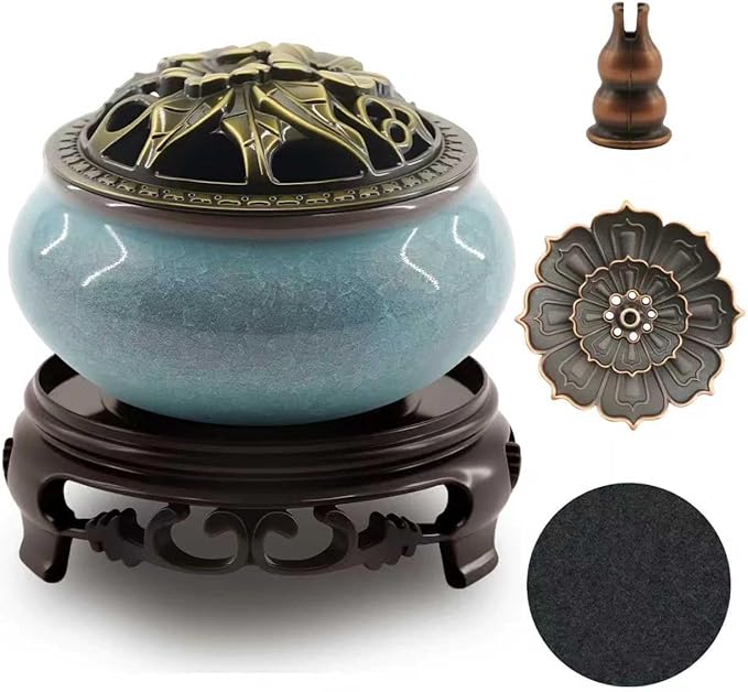 Ceramic Incense Burner with Lotus Incense Holder, Multi-Functional Incense Burner Holder for Incense Sticks, Coil Incense and Cones, Perfect Home Decor (Blue)