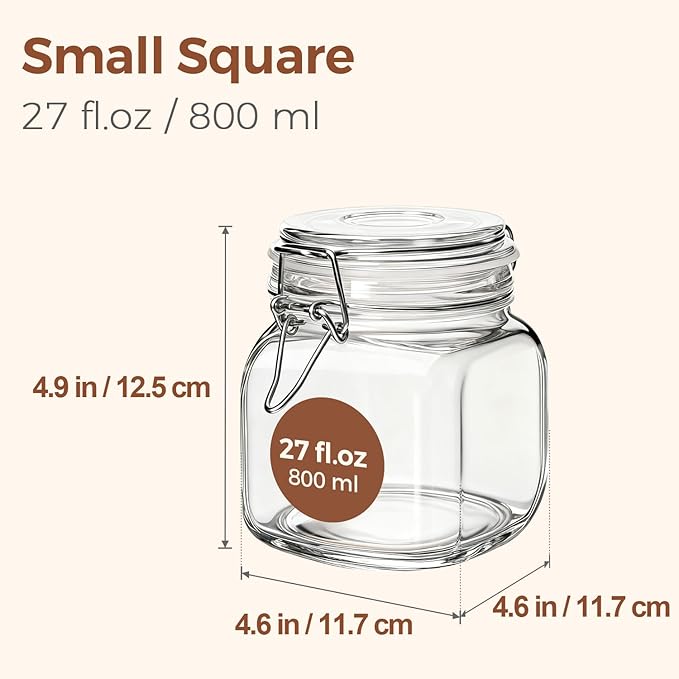 ComSaf 27oz Airtight Glass Canisters with Lids Set of 6, Square Food Storage Jar Container with Clamp Lids for Kitchen Canning Cereal Coffee Pasta Sugar Beans Spice, Clear Mason Jars with 12 Labels