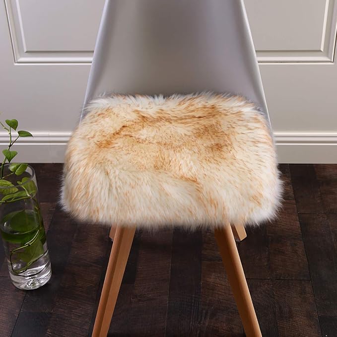 Softlife Square Faux Fur Sheepskin Chair Cover Seat Cushion Pad Super Soft Area Rugs for Living Bedroom Sofa (1.6ft x 1.6ft, White-Brown Tip) 1 pack