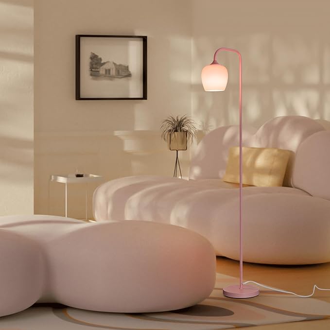 ONEWISH Pink Floor Lamp-Modern Standing Lamp for Living Room Bedroom, Glass Lamp Shade, LED Bulb Included, Cute Simple Design, for Girls Women