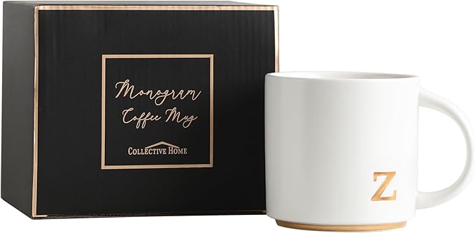 COLLECTIVE HOME - Monogram Ceramic Mugs, 15 oz Golden Initial Coffee Cups, Elegant Alphabet Tea Mugs, Elegant Personalized Mug with Gift Box, Luxurious Cups for Office and Home (z)