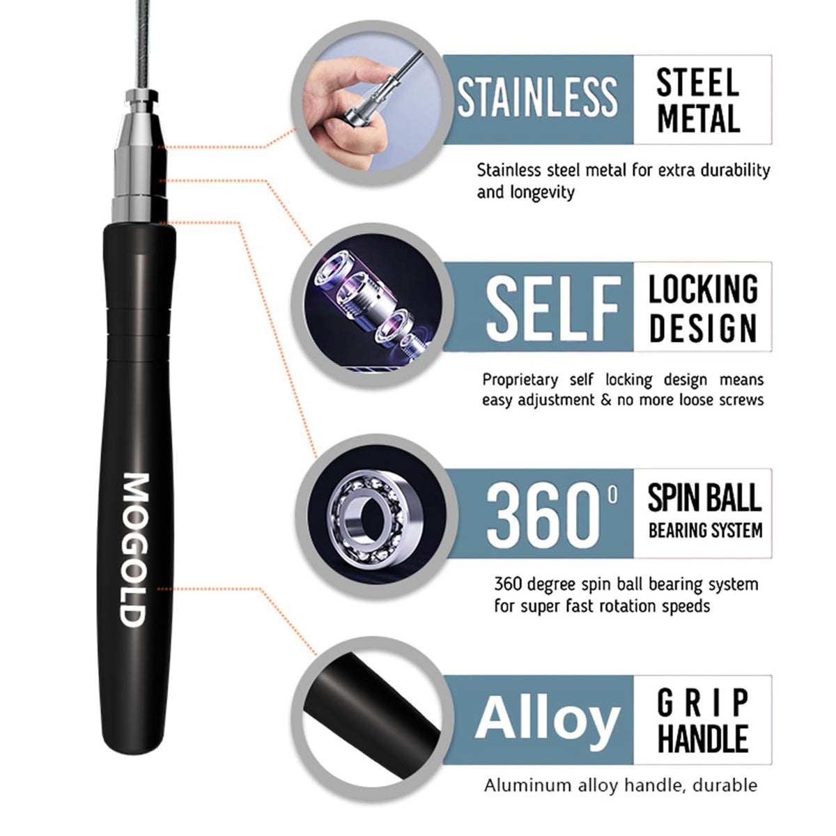 Mogold 10ft Workout Jump Rope Length Adjustable - Boxing Jump Rope with Metal Grip & 2.0mm 3.0mm Thick Cable,Self-Locking Tangle-Free, Best Cardio & Endurance Training